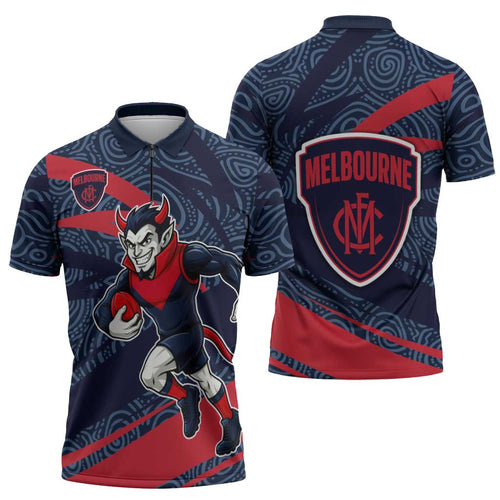 Melbourne Demons Australian Football Zipper Polo Shirt Devil Mascot With Indigenous Pattern Art