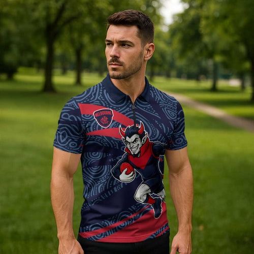 Melbourne Demons Australian Football Zipper Polo Shirt Devil Mascot With Indigenous Pattern Art