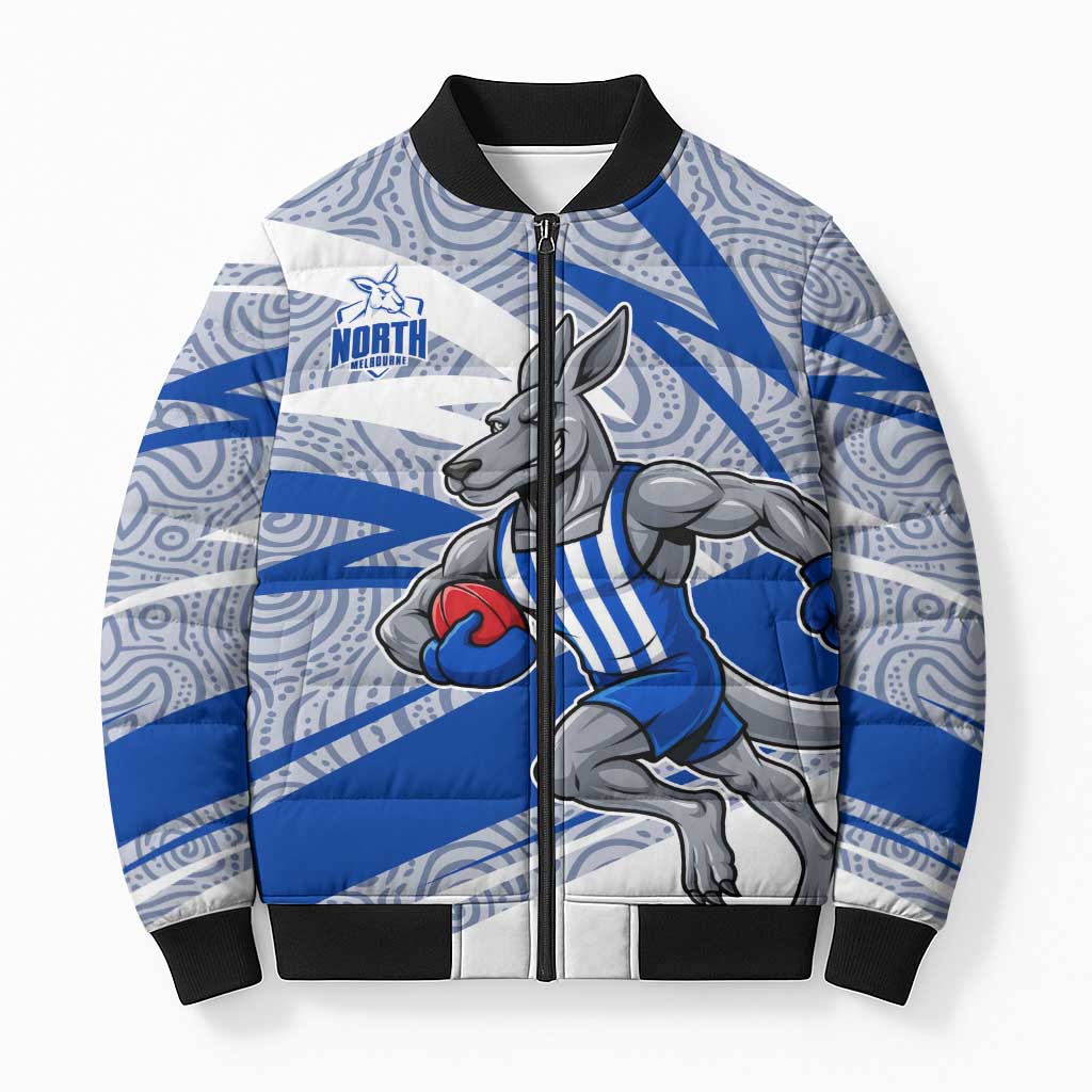 North Melbourne Kangaroos Australian Football Bomber Puffer Jacket Kangaroo Mascot Design With Indigenous Pattern Art