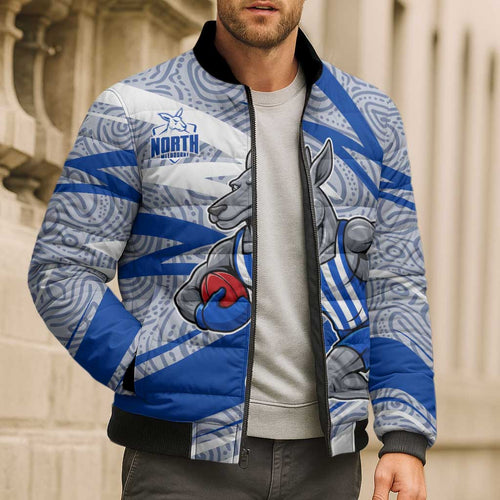North Melbourne Kangaroos Australian Football Bomber Puffer Jacket Kangaroo Mascot Design With Indigenous Pattern Art