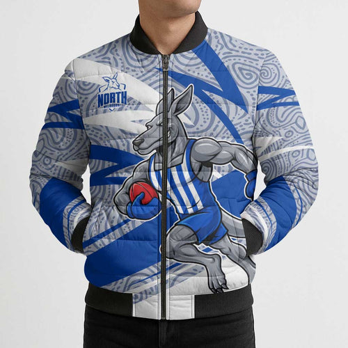 North Melbourne Kangaroos Australian Football Bomber Puffer Jacket Kangaroo Mascot Design With Indigenous Pattern Art