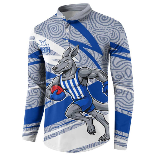 North Melbourne Kangaroos Australian Football Button Sweatshirt Kangaroo Mascot Design With Indigenous Pattern Art