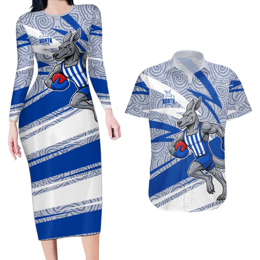 North Melbourne Kangaroos Australian Football Couples Matching Long Sleeve Bodycon Dress and Hawaiian Shirt Kangaroo Mascot Design With Indigenous Pattern Art