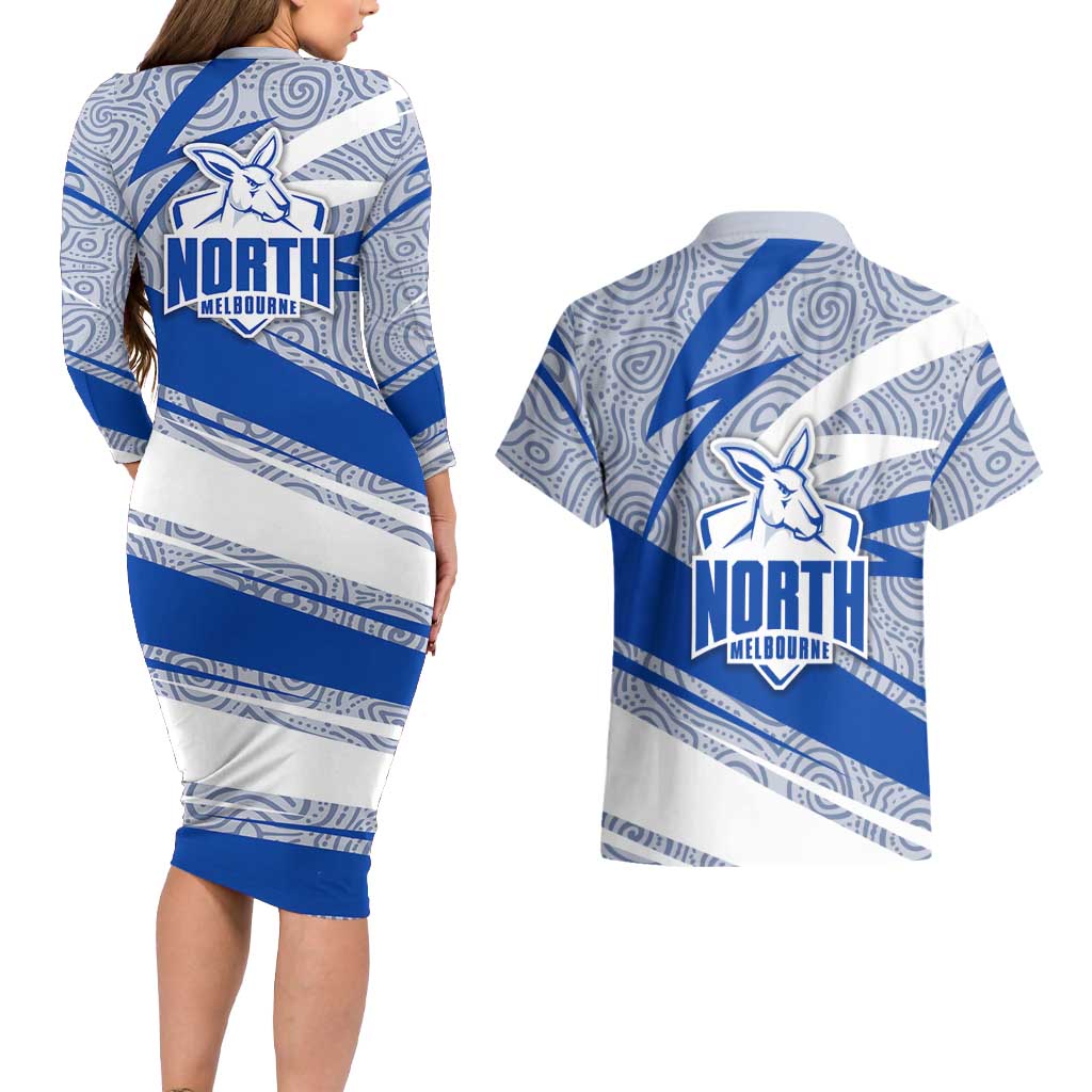 North Melbourne Kangaroos Australian Football Couples Matching Long Sleeve Bodycon Dress and Hawaiian Shirt Kangaroo Mascot Design With Indigenous Pattern Art