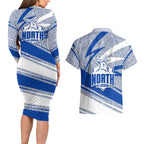 North Melbourne Kangaroos Australian Football Couples Matching Long Sleeve Bodycon Dress and Hawaiian Shirt Kangaroo Mascot Design With Indigenous Pattern Art