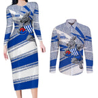 North Melbourne Kangaroos Australian Football Couples Matching Long Sleeve Bodycon Dress and Long Sleeve Button Shirt Kangaroo Mascot Design With Indigenous Pattern Art