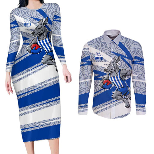 North Melbourne Kangaroos Australian Football Couples Matching Long Sleeve Bodycon Dress and Long Sleeve Button Shirt Kangaroo Mascot Design With Indigenous Pattern Art