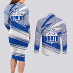 North Melbourne Kangaroos Australian Football Couples Matching Long Sleeve Bodycon Dress and Long Sleeve Button Shirt Kangaroo Mascot Design With Indigenous Pattern Art