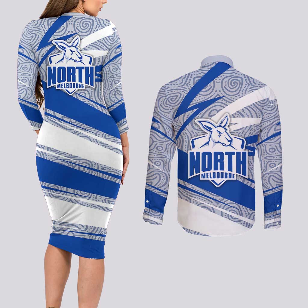 North Melbourne Kangaroos Australian Football Couples Matching Long Sleeve Bodycon Dress and Long Sleeve Button Shirt Kangaroo Mascot Design With Indigenous Pattern Art