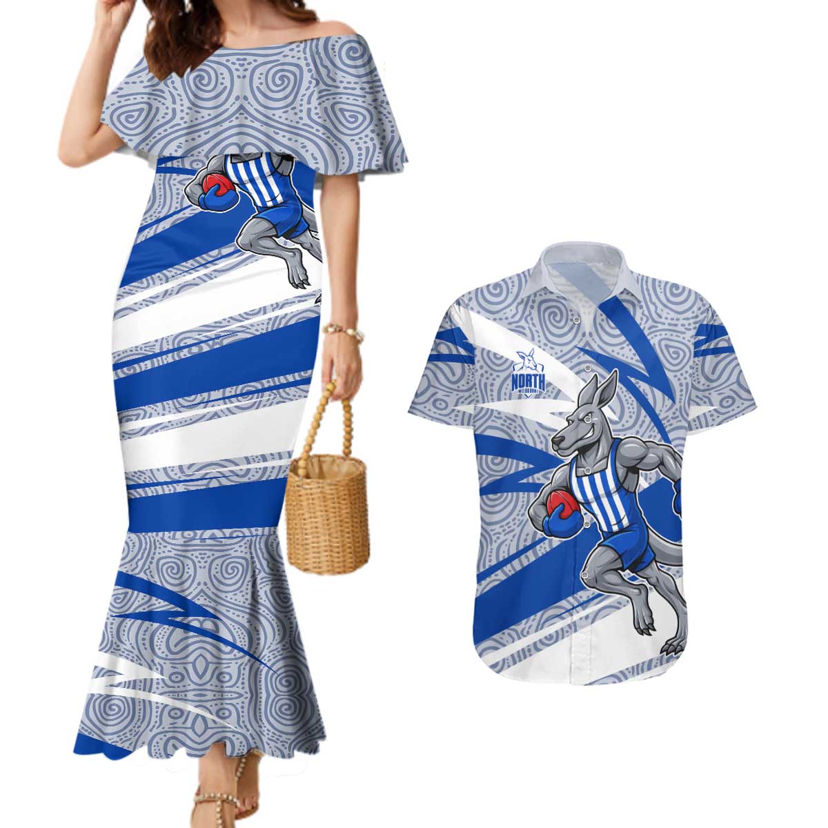 North Melbourne Kangaroos Australian Football Couples Matching Mermaid Dress and Hawaiian Shirt Kangaroo Mascot Design With Indigenous Pattern Art