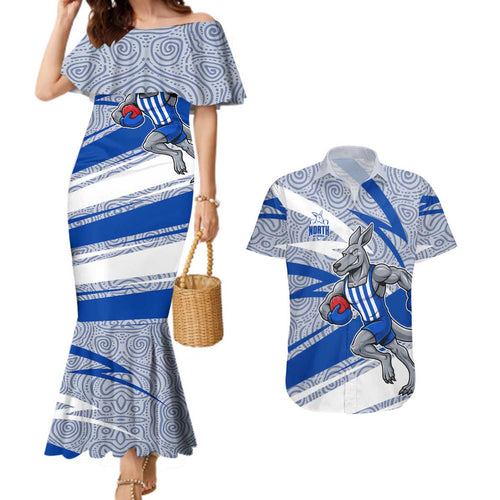 North Melbourne Kangaroos Australian Football Couples Matching Mermaid Dress and Hawaiian Shirt Kangaroo Mascot Design With Indigenous Pattern Art