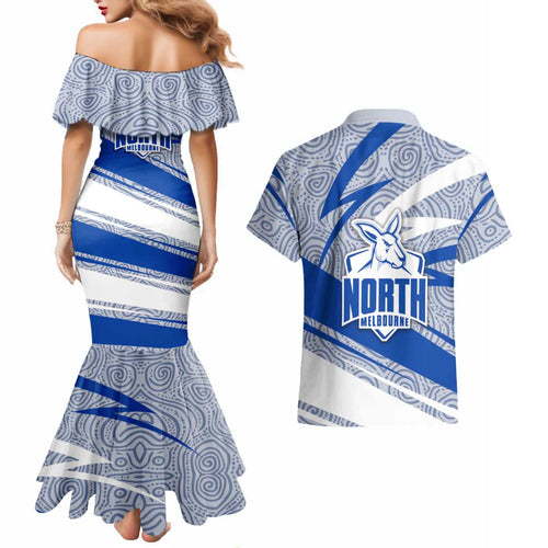 North Melbourne Kangaroos Australian Football Couples Matching Mermaid Dress and Hawaiian Shirt Kangaroo Mascot Design With Indigenous Pattern Art