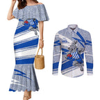 North Melbourne Kangaroos Australian Football Couples Matching Mermaid Dress and Long Sleeve Button Shirt Kangaroo Mascot Design With Indigenous Pattern Art