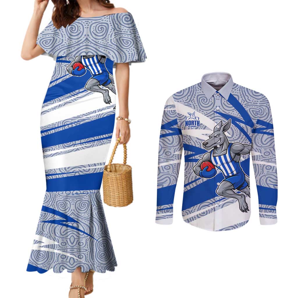 North Melbourne Kangaroos Australian Football Couples Matching Mermaid Dress and Long Sleeve Button Shirt Kangaroo Mascot Design With Indigenous Pattern Art