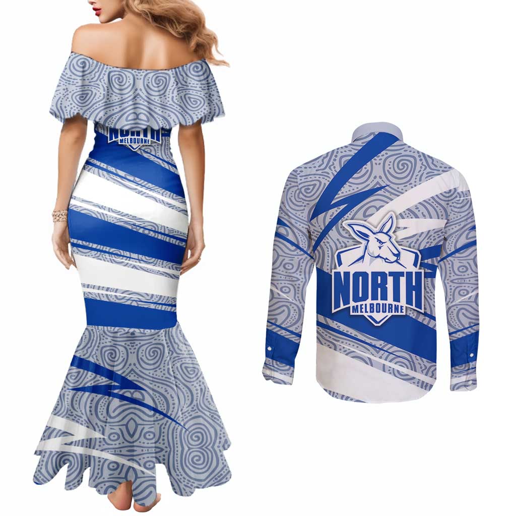 North Melbourne Kangaroos Australian Football Couples Matching Mermaid Dress and Long Sleeve Button Shirt Kangaroo Mascot Design With Indigenous Pattern Art