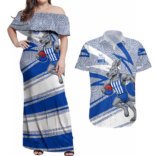 North Melbourne Kangaroos Australian Football Couples Matching Off Shoulder Maxi Dress and Hawaiian Shirt Kangaroo Mascot Design With Indigenous Pattern Art