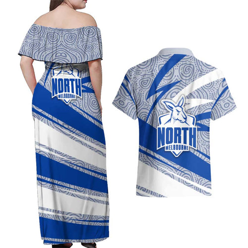 North Melbourne Kangaroos Australian Football Couples Matching Off Shoulder Maxi Dress and Hawaiian Shirt Kangaroo Mascot Design With Indigenous Pattern Art