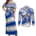 North Melbourne Kangaroos Australian Football Couples Matching Off Shoulder Maxi Dress and Long Sleeve Button Shirt Kangaroo Mascot Design With Indigenous Pattern Art