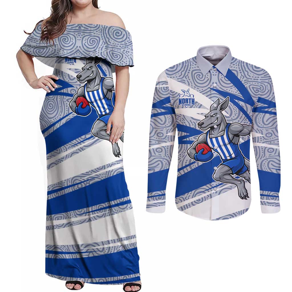 North Melbourne Kangaroos Australian Football Couples Matching Off Shoulder Maxi Dress and Long Sleeve Button Shirt Kangaroo Mascot Design With Indigenous Pattern Art