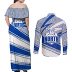 North Melbourne Kangaroos Australian Football Couples Matching Off Shoulder Maxi Dress and Long Sleeve Button Shirt Kangaroo Mascot Design With Indigenous Pattern Art