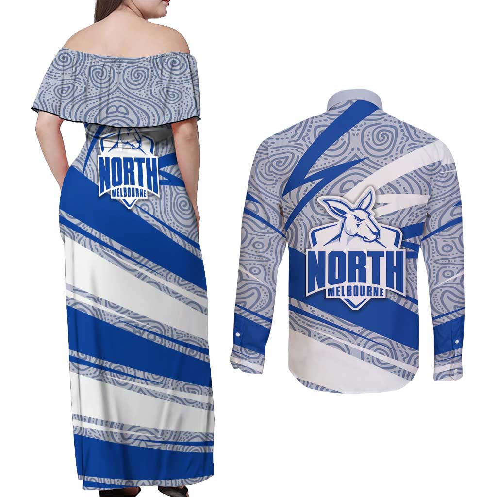 North Melbourne Kangaroos Australian Football Couples Matching Off Shoulder Maxi Dress and Long Sleeve Button Shirt Kangaroo Mascot Design With Indigenous Pattern Art