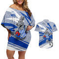 North Melbourne Kangaroos Australian Football Couples Matching Off Shoulder Short Dress and Hawaiian Shirt Kangaroo Mascot Design With Indigenous Pattern Art