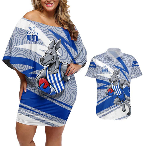 North Melbourne Kangaroos Australian Football Couples Matching Off Shoulder Short Dress and Hawaiian Shirt Kangaroo Mascot Design With Indigenous Pattern Art
