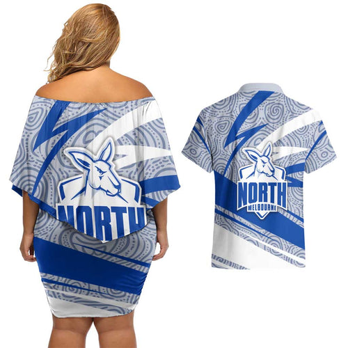 North Melbourne Kangaroos Australian Football Couples Matching Off Shoulder Short Dress and Hawaiian Shirt Kangaroo Mascot Design With Indigenous Pattern Art