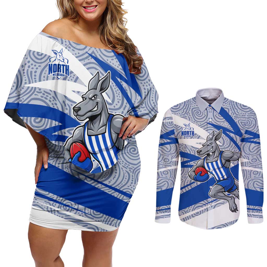 North Melbourne Kangaroos Australian Football Couples Matching Off Shoulder Short Dress and Long Sleeve Button Shirt Kangaroo Mascot Design With Indigenous Pattern Art