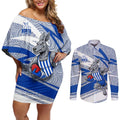 North Melbourne Kangaroos Australian Football Couples Matching Off Shoulder Short Dress and Long Sleeve Button Shirt Kangaroo Mascot Design With Indigenous Pattern Art