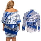 North Melbourne Kangaroos Australian Football Couples Matching Off Shoulder Short Dress and Long Sleeve Button Shirt Kangaroo Mascot Design With Indigenous Pattern Art