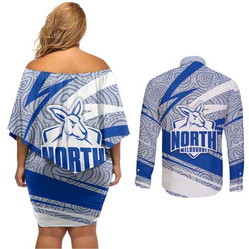 North Melbourne Kangaroos Australian Football Couples Matching Off Shoulder Short Dress and Long Sleeve Button Shirt Kangaroo Mascot Design With Indigenous Pattern Art