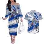 North Melbourne Kangaroos Australian Football Couples Matching Off The Shoulder Long Sleeve Dress and Hawaiian Shirt Kangaroo Mascot Design With Indigenous Pattern Art