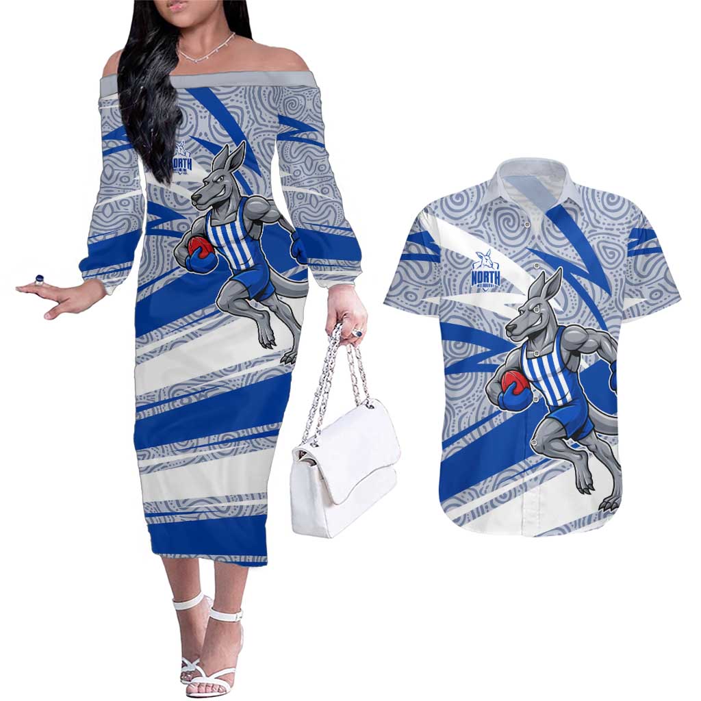 North Melbourne Kangaroos Australian Football Couples Matching Off The Shoulder Long Sleeve Dress and Hawaiian Shirt Kangaroo Mascot Design With Indigenous Pattern Art