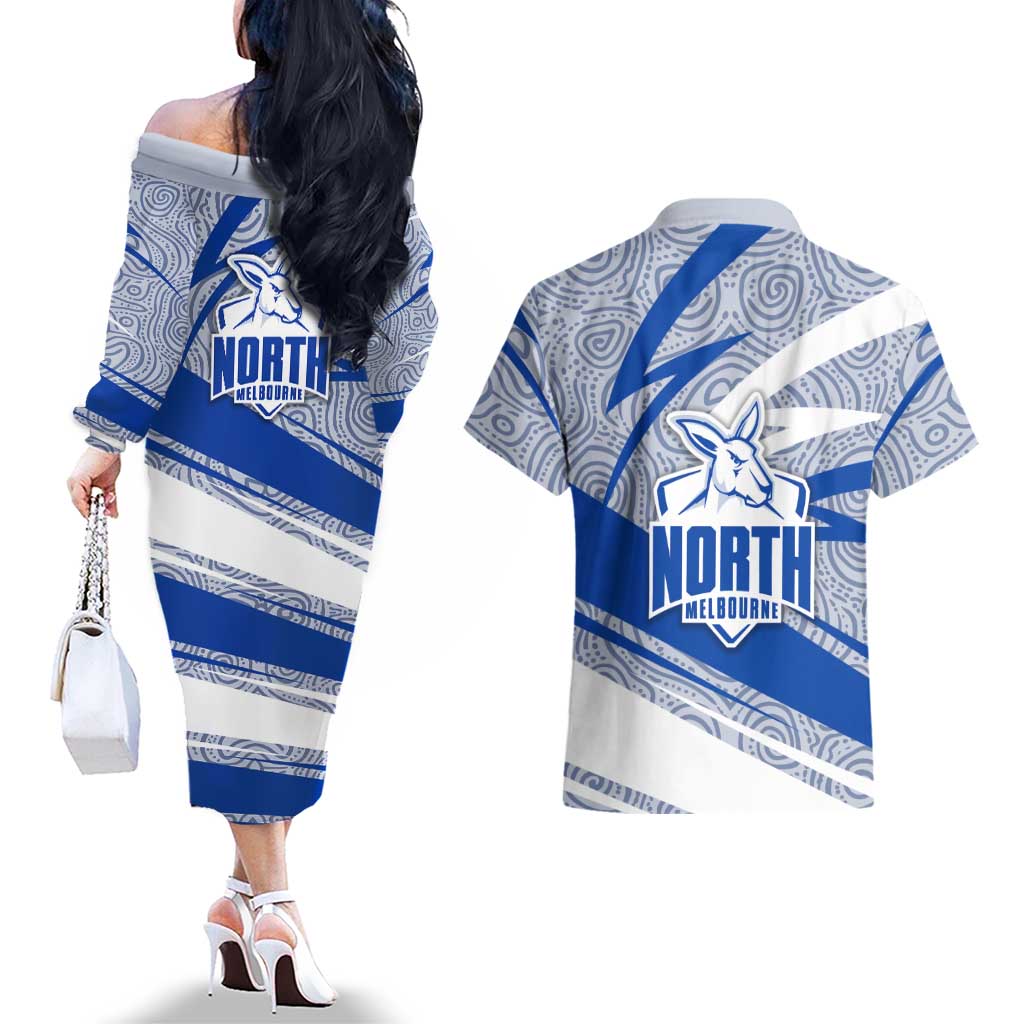 North Melbourne Kangaroos Australian Football Couples Matching Off The Shoulder Long Sleeve Dress and Hawaiian Shirt Kangaroo Mascot Design With Indigenous Pattern Art
