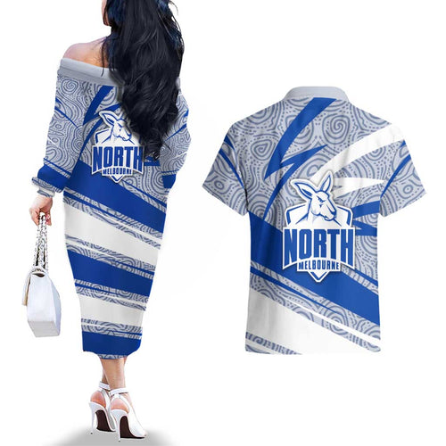 North Melbourne Kangaroos Australian Football Couples Matching Off The Shoulder Long Sleeve Dress and Hawaiian Shirt Kangaroo Mascot Design With Indigenous Pattern Art