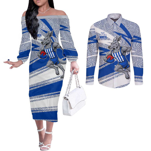 North Melbourne Kangaroos Australian Football Couples Matching Off The Shoulder Long Sleeve Dress and Long Sleeve Button Shirt Kangaroo Mascot Design With Indigenous Pattern Art