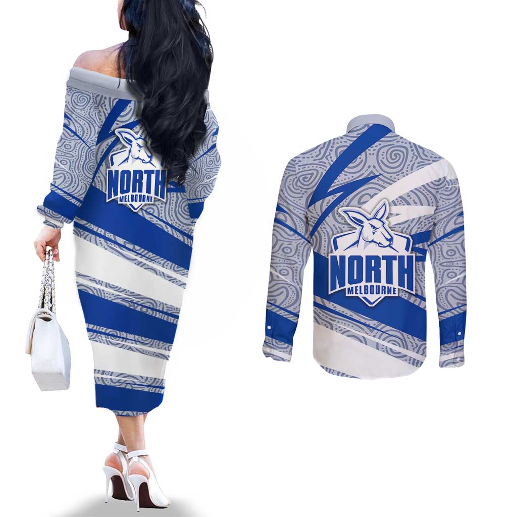 North Melbourne Kangaroos Australian Football Couples Matching Off The Shoulder Long Sleeve Dress and Long Sleeve Button Shirt Kangaroo Mascot Design With Indigenous Pattern Art
