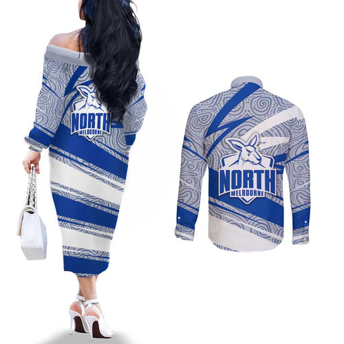 North Melbourne Kangaroos Australian Football Couples Matching Off The Shoulder Long Sleeve Dress and Long Sleeve Button Shirt Kangaroo Mascot Design With Indigenous Pattern Art