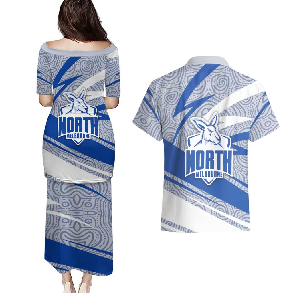 North Melbourne Kangaroos Australian Football Couples Matching Puletasi and Hawaiian Shirt Kangaroo Mascot Design With Indigenous Pattern Art