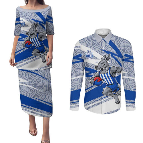 North Melbourne Kangaroos Australian Football Couples Matching Puletasi and Long Sleeve Button Shirt Kangaroo Mascot Design With Indigenous Pattern Art