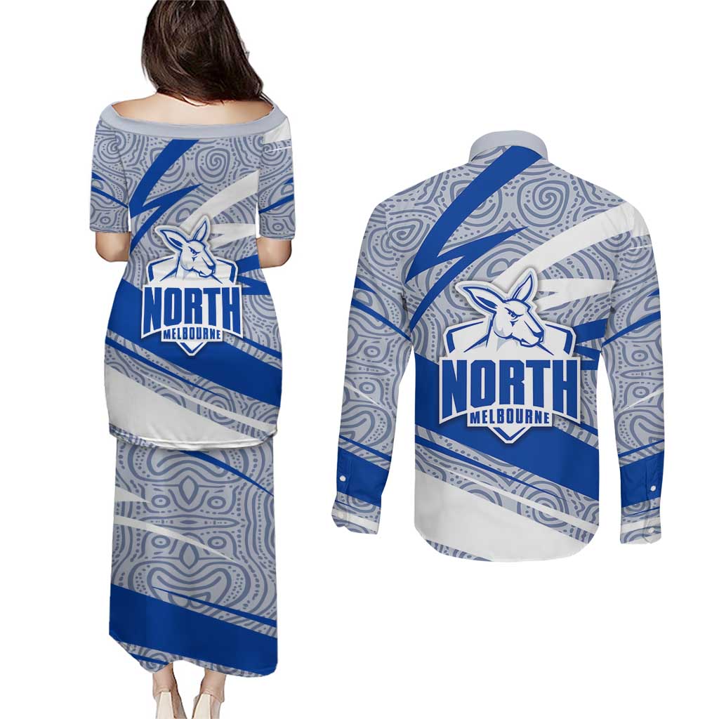 North Melbourne Kangaroos Australian Football Couples Matching Puletasi and Long Sleeve Button Shirt Kangaroo Mascot Design With Indigenous Pattern Art