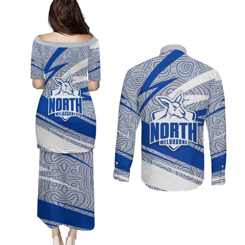 North Melbourne Kangaroos Australian Football Couples Matching Puletasi and Long Sleeve Button Shirt Kangaroo Mascot Design With Indigenous Pattern Art