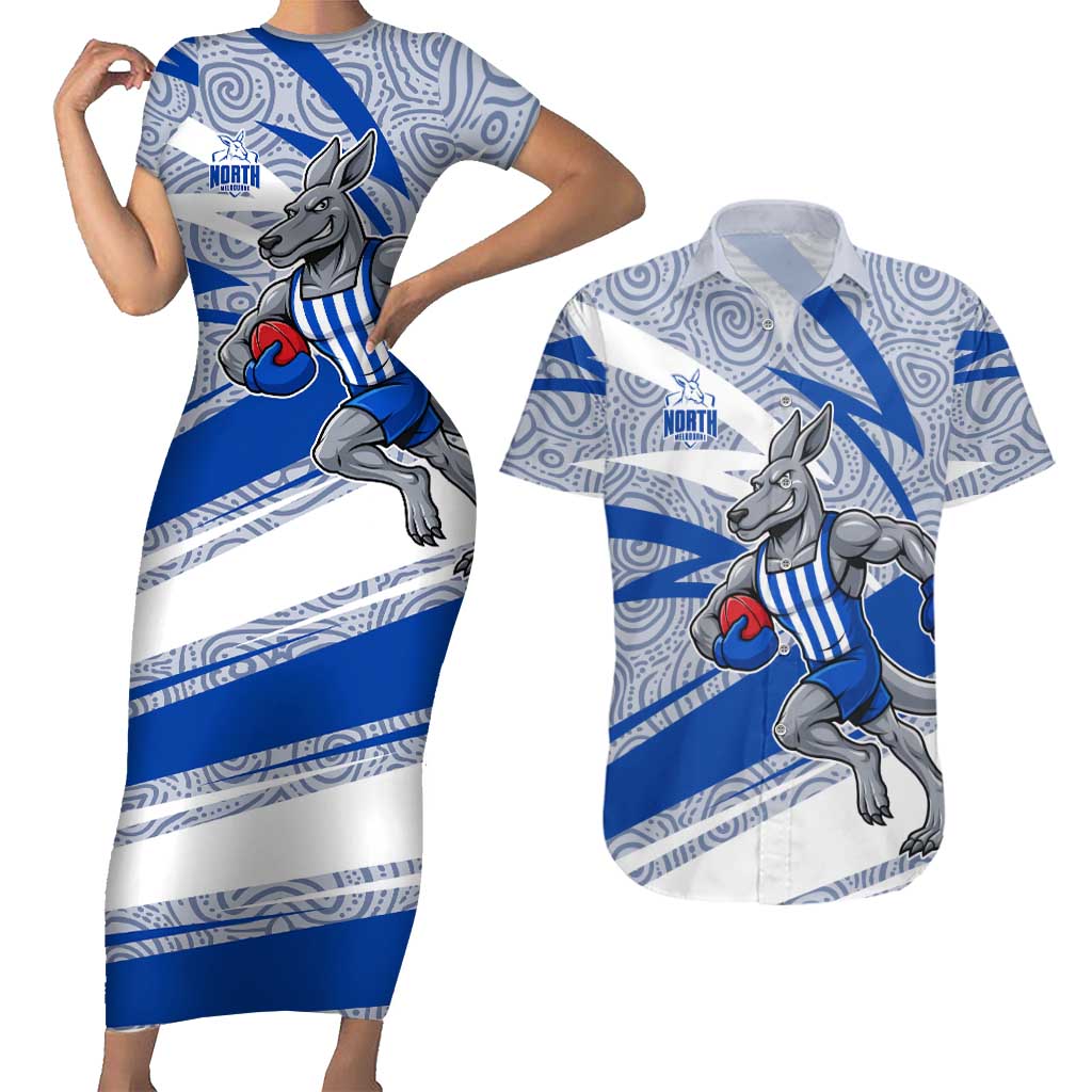North Melbourne Kangaroos Australian Football Couples Matching Short Sleeve Bodycon Dress and Hawaiian Shirt Kangaroo Mascot Design With Indigenous Pattern Art