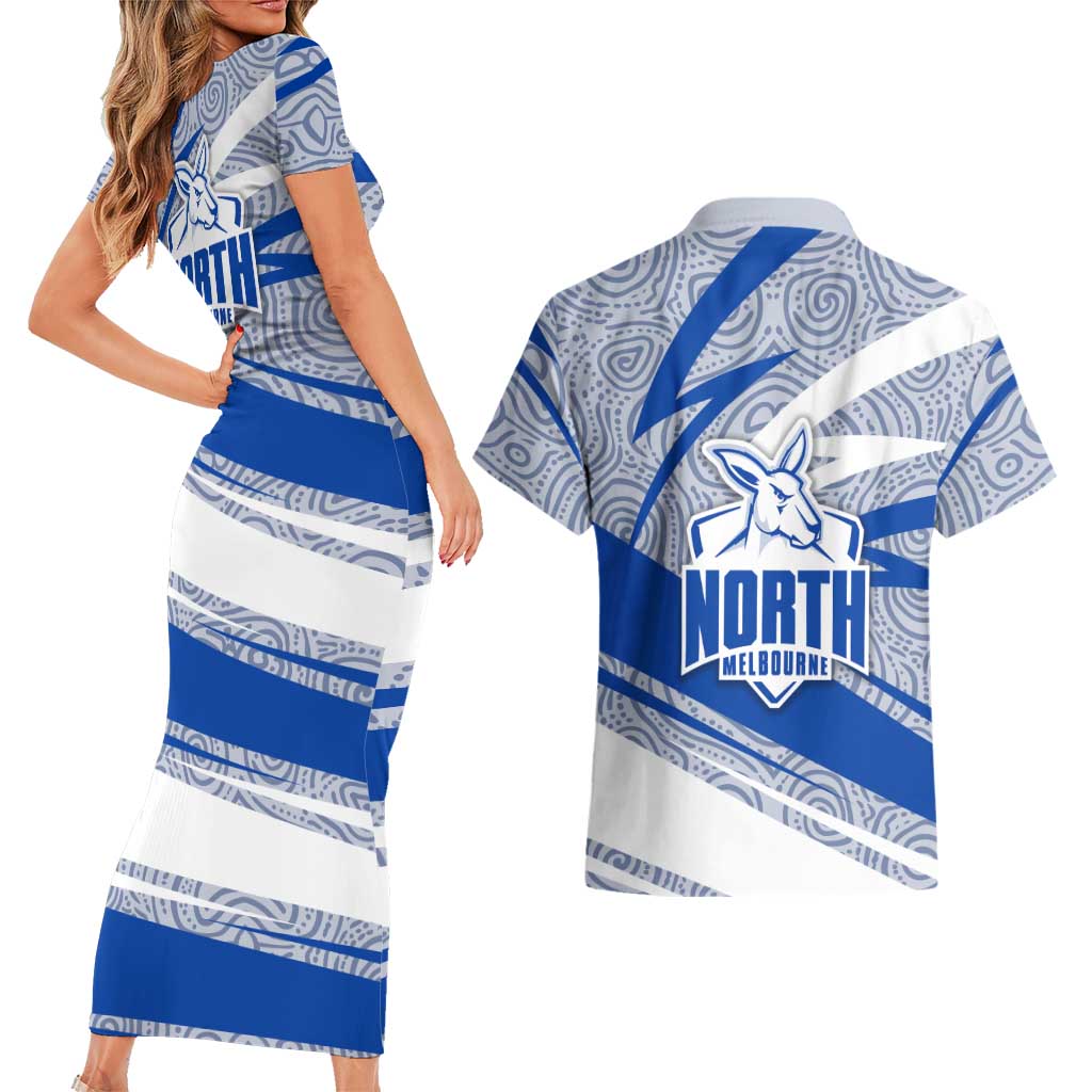 North Melbourne Kangaroos Australian Football Couples Matching Short Sleeve Bodycon Dress and Hawaiian Shirt Kangaroo Mascot Design With Indigenous Pattern Art