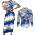 North Melbourne Kangaroos Australian Football Couples Matching Short Sleeve Bodycon Dress and Long Sleeve Button Shirt Kangaroo Mascot Design With Indigenous Pattern Art