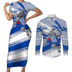 North Melbourne Kangaroos Australian Football Couples Matching Short Sleeve Bodycon Dress and Long Sleeve Button Shirt Kangaroo Mascot Design With Indigenous Pattern Art
