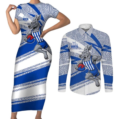 North Melbourne Kangaroos Australian Football Couples Matching Short Sleeve Bodycon Dress and Long Sleeve Button Shirt Kangaroo Mascot Design With Indigenous Pattern Art