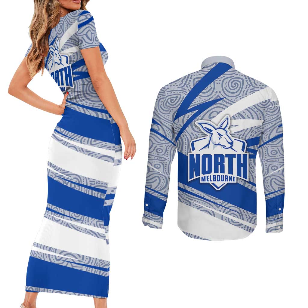 North Melbourne Kangaroos Australian Football Couples Matching Short Sleeve Bodycon Dress and Long Sleeve Button Shirt Kangaroo Mascot Design With Indigenous Pattern Art