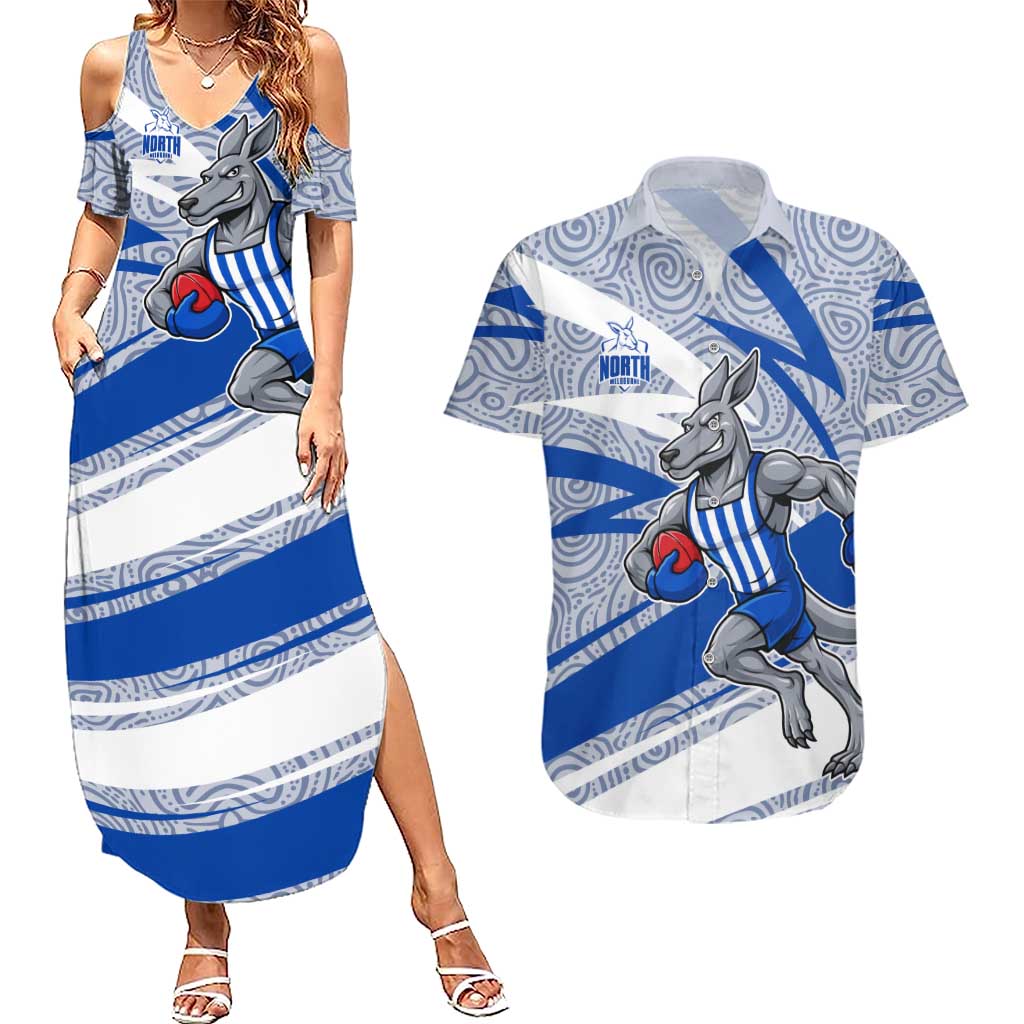 North Melbourne Kangaroos Australian Football Couples Matching Summer Maxi Dress and Hawaiian Shirt Kangaroo Mascot Design With Indigenous Pattern Art